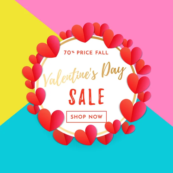 Valentine sale banner or poster design template of red hearts pattern and golden text calligraphy on frame background. Vector Valentines day fashion shopping season discount offer sale background — Stock Vector