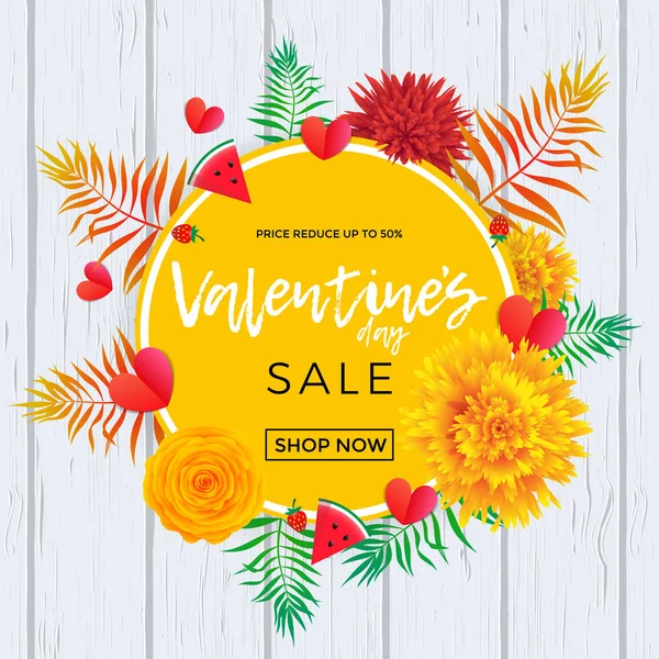 Valentine Day sale poster design template. Vector hearts, yellow flowers and palm leaf or berry pattern on pink background for Valentines fashion shopping season sale discount offer — Stock Vector