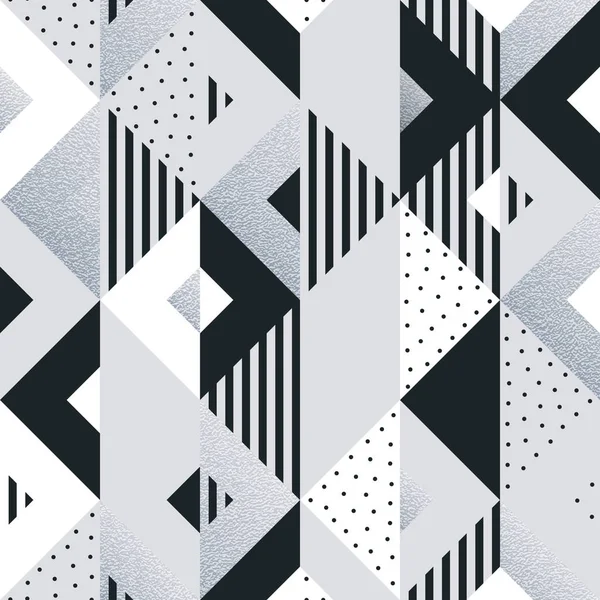 Fondo de patrón de plata geométrico abstracto de elementos cuadrados y triangulares para la plantilla de diseño moderno de moda. Fondo de geometría vectorial o textura de brillo plateado fondo blanco y negro — Archivo Imágenes Vectoriales