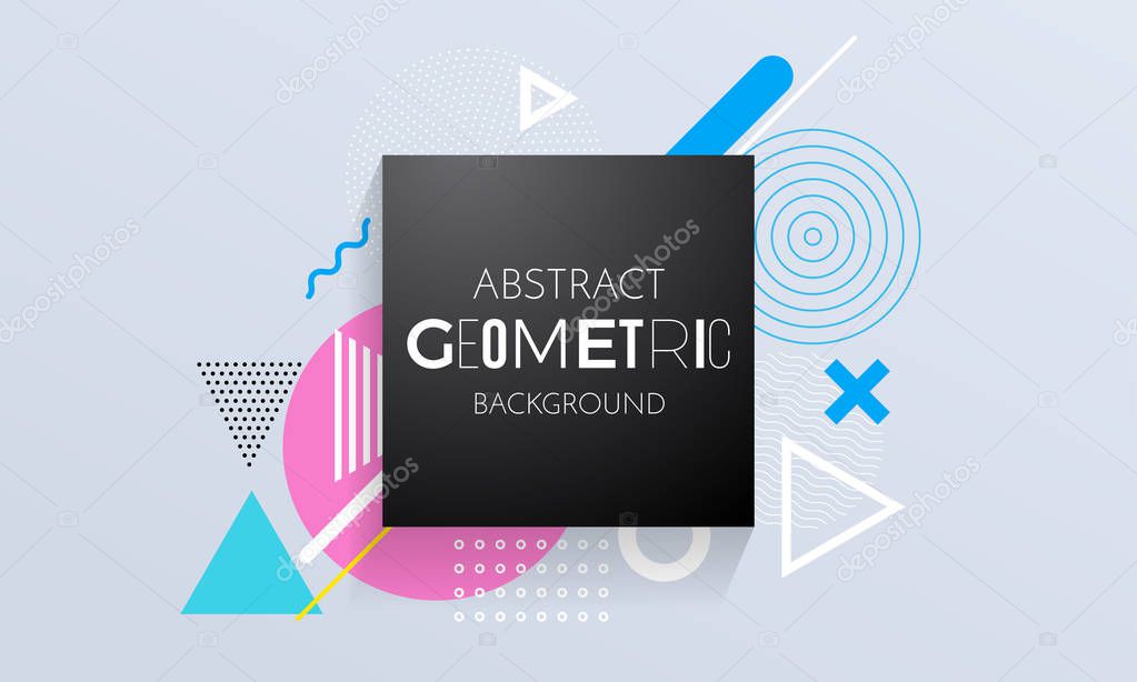 Abstract geometric background of square, circle and triangle color elements for modern trendy design template. Vector geometry pattern backdrop of graphic texture background for poster or banner