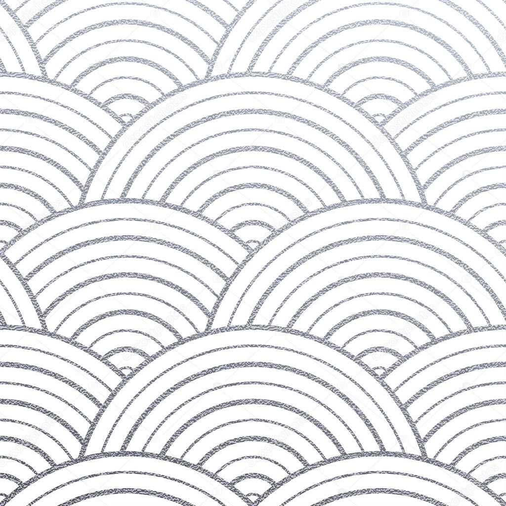 Geometric silver circle lines pattern with glitter texture of abstract round waves on white background. Vector silver glittering ornament for seamless tile or modern backdrop swatch design template