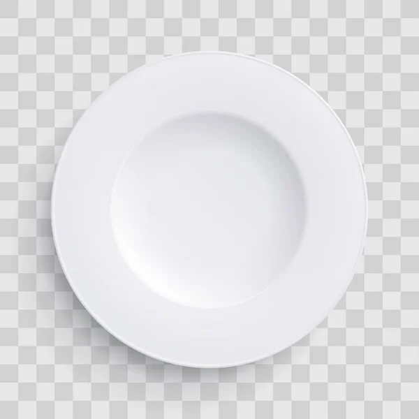 Tányér étel 3d fehér kerek elszigetelt átlátszó háttér. Vektor porcelán mélytányér, vagy a tál. Eldobható műanyag vagy papír reális konyhai ikon — Stock Vector