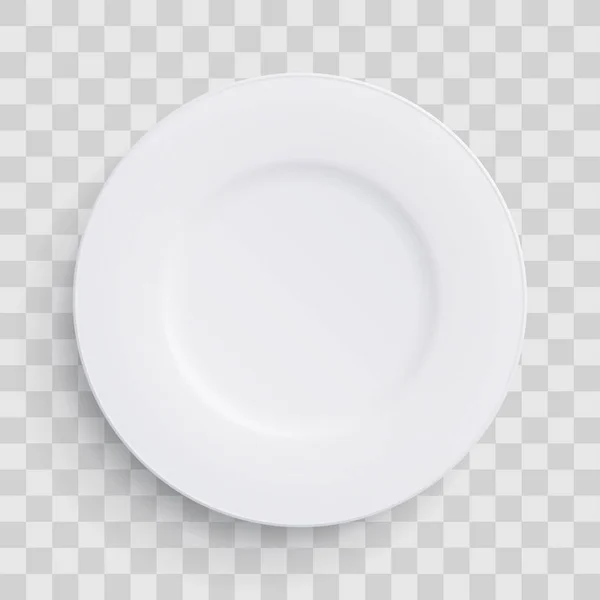 Tányér étel 3d fehér kerek elszigetelt átlátszó háttér. Vektor reális porcelán lakás üres lemez vagy eldobható műanyag vagy papír konyhai eszközök — Stock Vector