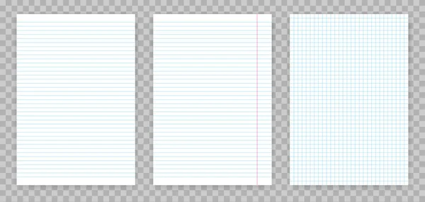 Квадратные и подкладные бумажные листы блокнота или блокнота. Векторный реалистичный бумажный лист строк и квадратов страниц блокнота, выделенных на прозрачном фоне — стоковый вектор