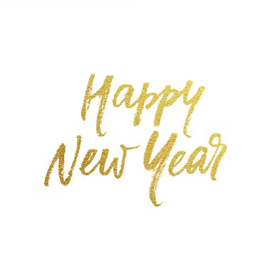 Mutlu yeni yıl altın glitter hat yazı için yazı tipi tebrik kartı tasarım şablonu. Vektör elle çizilmiş altın glitter doku metin için yeni yıl tatil kartpostal beyaz arka plan üzerinde