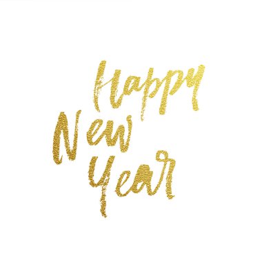 Mutlu yeni yıl altın glitter hat yazı için yazı tipi tebrik kartı. Vektör elle çizilmiş altın glitter doku metin için yeni yıl tatil kartpostal beyaz arka plan tasarım şablonu