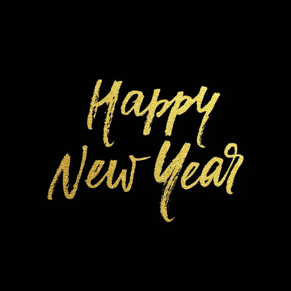 Buon anno nuovo oro glitter calligrafia lettering font per biglietto di auguri. Vettore disegnato a mano in oro glitter texture testo per il nuovo anno vacanza cartolina su sfondo nero modello di design — Vettoriale Stock