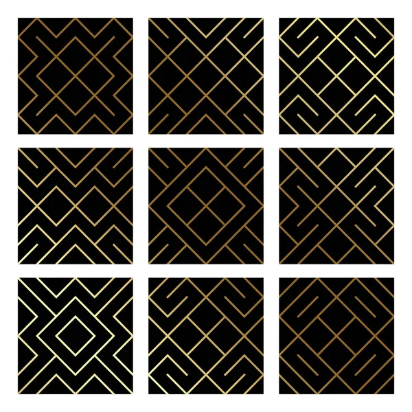 Золотий абстрактний геометричний візерунок фону встановлений з золотими блискітками текстури. Векторний безшовний візерунок або ромб і металева лінія вузлів сітки для розкішного золотистого орнаментального фону чорний шаблон дизайну — стоковий вектор