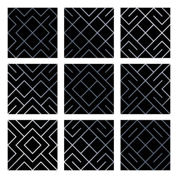 Silver abstract geometric seamless pattern tile backgrounds set with glittering mesh texture. Vector pattern of rhombus and metal line nodes for luxury silver geometry backdrop black design template