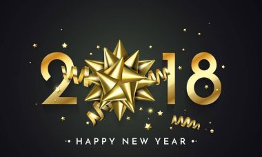 Altın 2018 Noel ve yeni yıl kutlama sigorta primi siyah arka plan ile hediye şerit yay ve altın ışıltılı konfeti glitter dekorasyon yıldız. Vektör kış tatil tebrik kartı tasarım şablonu