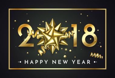 Altın 2018 Noel ve yeni yıl kutlama sigorta primi siyah arka plan ile hediye şerit yay ve altın ışıltılı konfeti glitter dekorasyon yıldız. Vektör kış tatil tebrik kartı tasarım şablonu