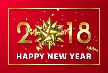 Vektör altın 2018 Noel veya Çin yeni yılı kırmızı kutlama sigorta primi siyah arka plan ile altın çerçeve ve Hediyelik şerit yay ve altın ışıltılı yıldız konfeti glitter dekorasyon.