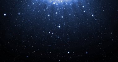 Mavi glitter parçacıklar arka plan aşağı düşen neon yıldız ve ışık parlayan ile flare veya lüks sigorta primi ürün tasarımı için yardımcı grafik efekti üzerinde parlama. zemin. Sihirli ışık parlaklık kızdırma parlaklık
