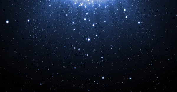 Fondo de partículas de brillo azul con estrellas de neón brillantes cayendo y efecto de superposición de destellos o destellos de luz arriba para un diseño de productos premium de lujo. fondo. Luz mágica brillo resplandor — Foto de Stock