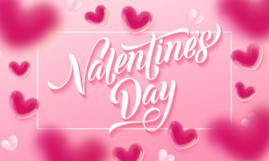 Sevgililer günü yazı metin ve Sevgililer günü kalpleri desenine pembe bir arka plan. Vektör mutlu Sevgililer günü tebrik kartı tasarım şablonu parlak balon kalplerin