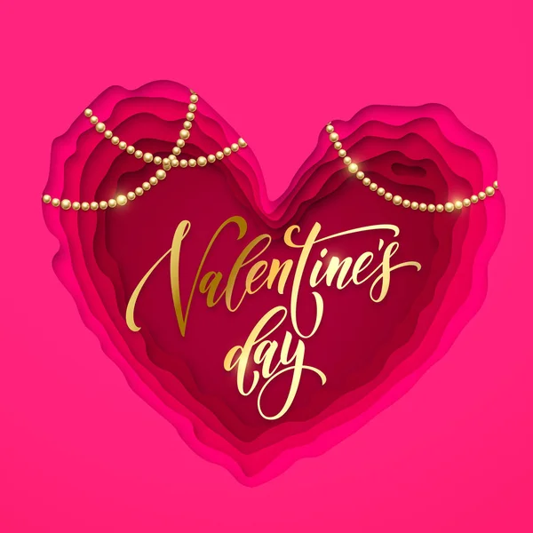 Día de San Valentín tarjeta de texto de saludo de oro y el corazón de San Valentín papercut moderno diseño de tarjetas vectoriales. Día de San Valentín rosa y rojo papel cortado fondo con cuentas de oro para 14 Febrero vacaciones de amor — Vector de stock