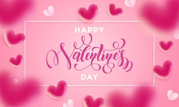 Carta del día de San Valentín texto greetign tarjeta de patrón de corazones de San Valentín sobre fondo rosa. Vector Feliz día de San Valentín tarjeta de felicitación plantilla de diseño de corazones de globo brillante — Vector de stock