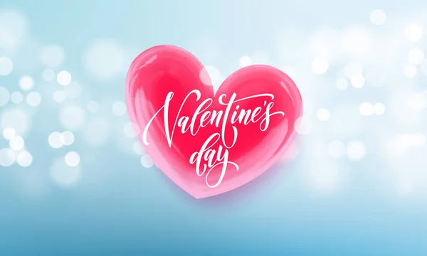 De dag van Valentijnskaarten belettering tekst op Valentijn rood hart op blauw licht patroon achtergrond. Vector Happy Valentines dag wenskaart ontwerpsjabloon van glanzende kristallen hart — Stockvector