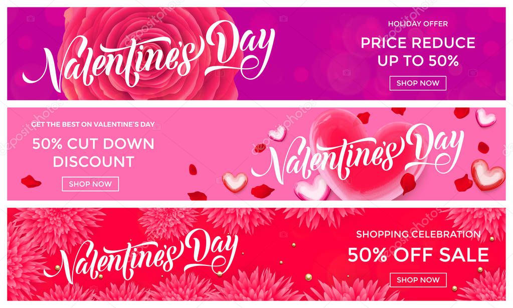 Valentines Day sale banner design template of pink red hearts and flower petals background. Vector 14 February Valentine day holiday sale promo offer discount for fashion shop
