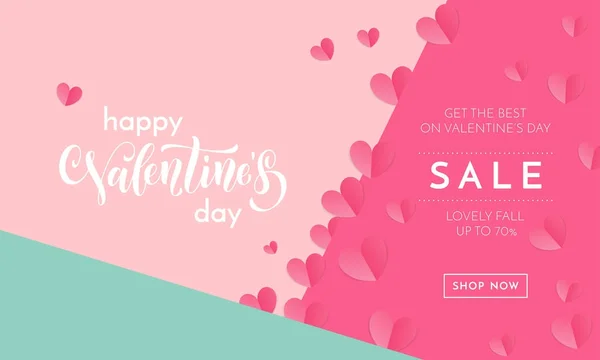 Cartaz de venda de dia dos namorados ou banner de coração vermelho dos namorados no fundo da moda. Vector Valentines dia feriado loja desconto promo modelo de design de corações de papel adorável —  Vetores de Stock