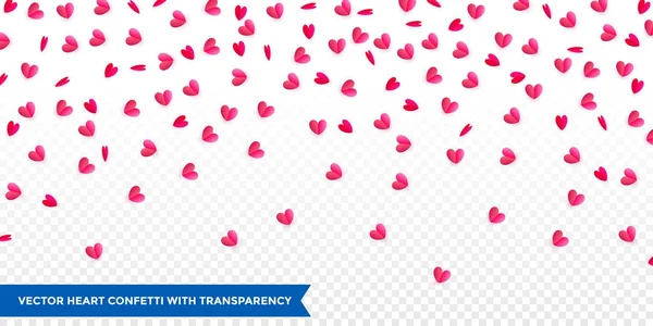 Hearts confetti pattern background for Valentines Day or wedding and birthday greeting card design template. Vector pink red heart petal confetti falling down on transparent background — Stock Vector
