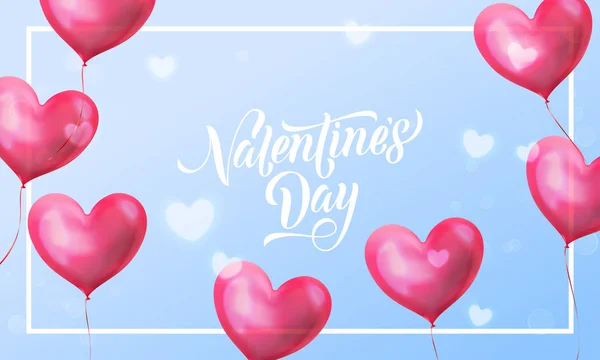 バレンタインの日は、青い光パターン背景の赤いバレンタインの心のテキストをレタリングします。光沢のあるクリスタル ハートのベクトル幸せなバレンタインの日グリーティング カードのデザイン テンプレート — ストックベクタ