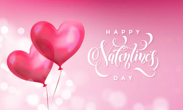 Tarjeta de felicitación del día de San Valentín de globo de corazón rojo sobre fondo rosa claro brillo. Vector Feliz día de San Valentín texto diseño de letras plantilla de brillante corazón globo — Vector de stock