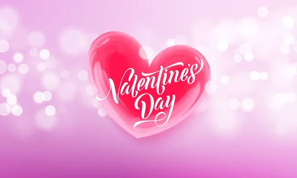 Feliz día de San Valentín texto de letras y el corazón de cristal rojo de San Valentín para el fondo de la tarjeta de felicitación. Plantilla de diseño de tarjeta de felicitación de San Valentín vectorial de luz brillante rosa — Vector de stock