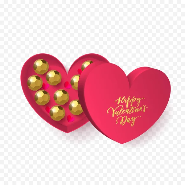 Caja de regalo de corazón de San Valentín con caramelos de chocolate en envoltura dorada y texto de caligrafía dorada para tarjeta de felicitación. Vector Feliz día de San Valentín diseño de símbolo de corazón rosa sobre fondo blanco — Vector de stock