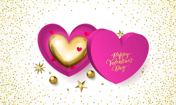 Feliz día de San Valentín tarjeta de felicitación de corazón de oro en caja de regalo rosa. Texto de caligrafía de oro vectorial y corazones en estrellas de brillo dorado confeti fondo blanco Feliz diseño de vacaciones de San Valentín — Vector de stock