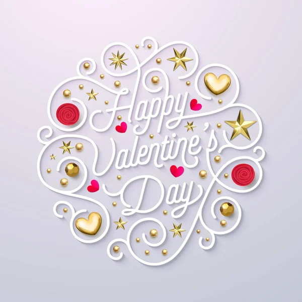 Valentin-napi üdvözlőlap arany kalligráfia szöveg tervezősablon. Vektor boldog Valentin-napot arany díszes betűk és arany csillogó szív és csillag konfetti dekoráció fehér háttér — Stock Vector