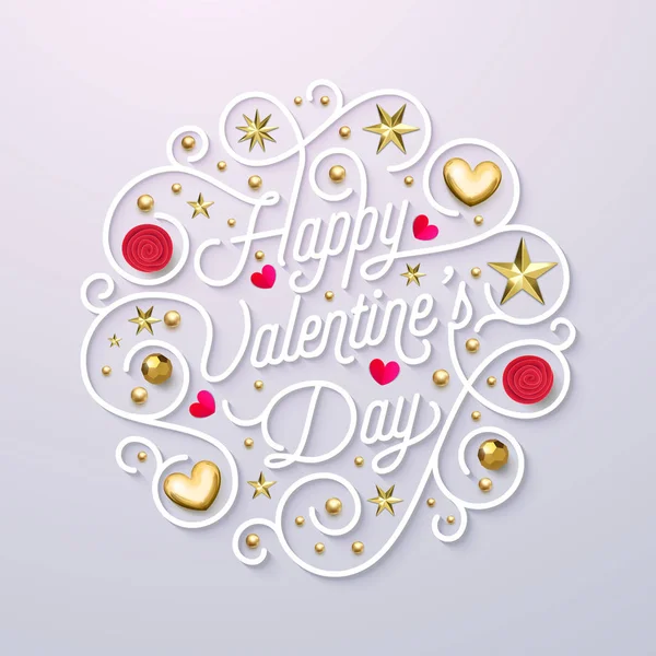 Dag van de Valentijnskaart wenskaart gouden kalligrafie tekst ontwerpsjabloon. Vector Happy Valentines Day gouden sierlijke letters en gouden glitter hart en ster confetti decoratie op witte achtergrond — Stockvector