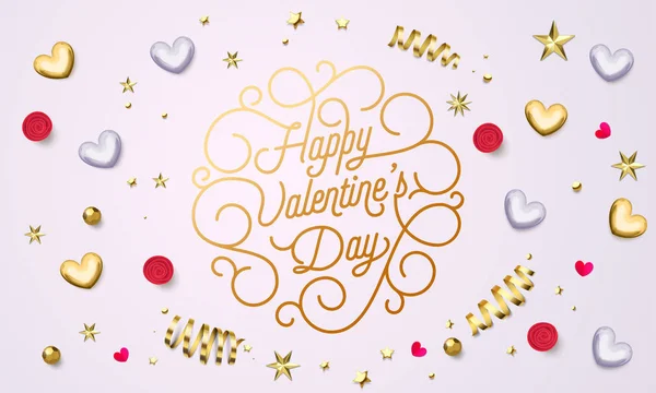 バレンタイン グリーティング カード金書道テキスト デザイン テンプレートです。ベクター幸せなバレンタインデー ゴールドの華やかなレタリングと白い背景の金色のキラキラ ハートとスター紙吹雪の装飾 — ストックベクタ