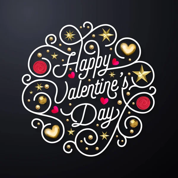 Tarjeta de felicitación San Valentín plantilla de diseño de texto caligrafía oro. Vector Feliz Día de San Valentín oro adornado letras y brillo dorado corazón y estrella confeti decoración sobre fondo negro — Vector de stock