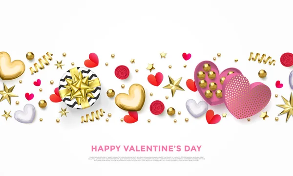 Alla hjärtans dag gratulationskort av hjärtat present box, choklad godis i gyllene wrapper och gyllene konfetti eller rosa blommor mönster. Vector Happy Valentine holiday glittrande guld bakgrundsdesign — Stock vektor