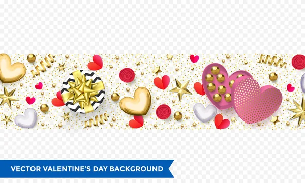 Valentijnsdag achtergrond van hart cadeau doos, chocolade snoep in gouden wrapper en gouden confetti of roze veldboeket patroon. Vector Happy Valentine wenskaart vakantie glinsterende goud ontwerp — Stockvector