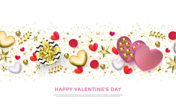 Щасливий день Святого Валентина вітальна листівка сердечних подарунків, золотий блиск конфетті і рожеві квіти візерунок. Вектор Свято Валентина блискучий золотий дизайн прикраси для продажу банер — стоковий вектор