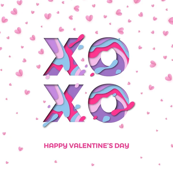 XO XO San Valentino disegno del testo di taglio cartaceo per biglietto di auguri di San Valentino di cuori rossi coriandoli su sfondo bianco. Vettore Felice San Valentino vacanza cadendo cuori e modello di design taglio carta — Vettoriale Stock