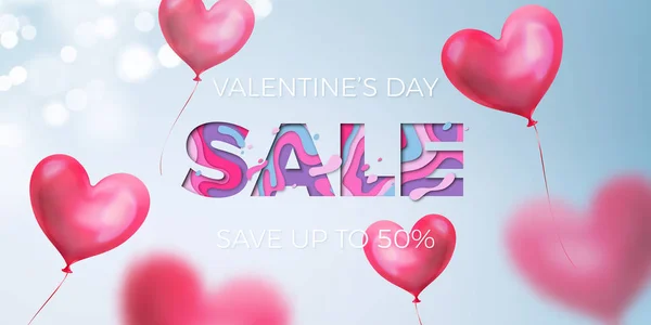 Valentines day sale design of valentine red heart balloons and papercut text on blue background. Vector Valentines day sale for holiday shop discount promo design template of air ballon hearts — Stock Vector