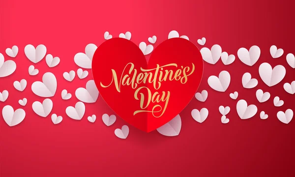 Tło walentynki wektor z romantyczny czerwony papier wyciąć wzór serca z kaligrafii złoty napis tekst Valentine's Day dla koncepcji miłości. Ślub tło szablonu projektu — Wektor stockowy