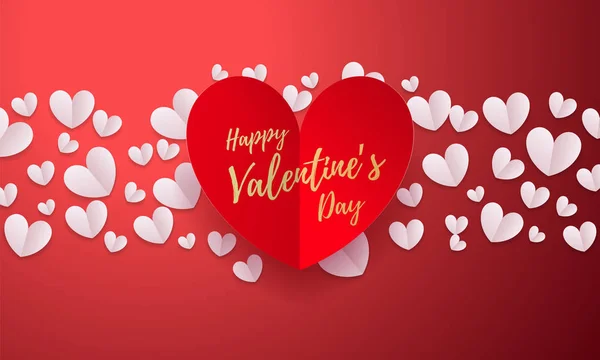 Fondo de San Valentín vectorial con romántico patrón de corazón de corte de papel rojo con texto de letras de caligrafía de oro Día de San Valentín para el concepto de amor. Diseño de plantilla de fondo de boda — Vector de stock