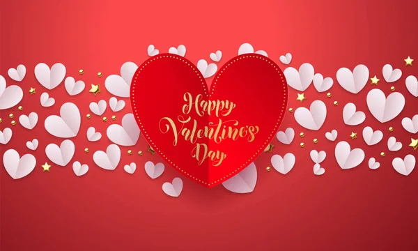 Fondo de San Valentín vectorial con romántico patrón de corazón de corte de papel rojo con texto de letras de caligrafía de oro Día de San Valentín para el concepto de amor. Diseño de plantilla de fondo de boda — Vector de stock
