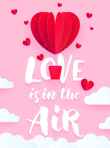 Valentijn hart lucht ballon voor Valentijnsdag kerstkaart. Liefde is in de tekst van de lucht met rode hot air baloon papieren kunst wenskaart en witte wolk patroon op roze achtergrond. — Stockvector