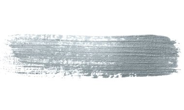 Gümüş glitter boya fırça darbesi veya soyut dab leke dokulu beyaz zemin üzerine sürün. Parlak gümüş boya mürekkep sıçrama leke lüks tebrik kartı tasarım şablonu için ışıltılı izole