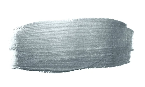 Silver glitter paint brush stroke eller abstrakt dab smeta med kladdfri konsistens på vit bakgrund. Isolerade glittrande glittrande silver färg bläck splash fläcken för lyx gratulationskort formgivningsmall — Stockfoto