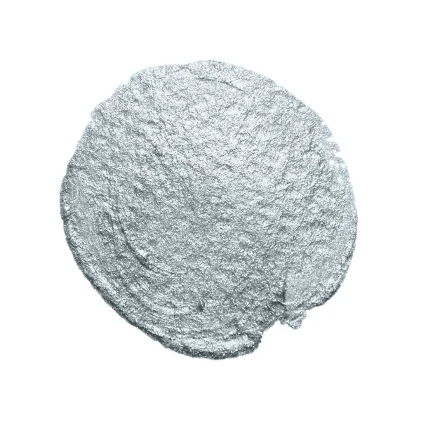 Ασημένιο χρώμα λεκέ βούρτσα ή μουτζούρα κύκλο ακτινοβολώντας επίχρισμα dab μελάνι αφηρημένη πινέλο με Γκλίτερ υφή σε άσπρο φόντο. Απομονωμένη αφρώδη ασήμι χρώμα ή μελάνι λεκές splash πινέλο — Φωτογραφία Αρχείου