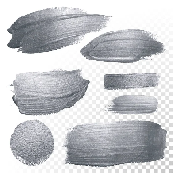 Silber glitzernde Pinselstriche und Kreisflecken gesetzt oder abstrakte Kleckse schmieren Textur auf transparentem Hintergrund. Vektor isoliert glitzernde silberne Farbspritzer für luxuriöses Grußkartendesign — Stockvektor