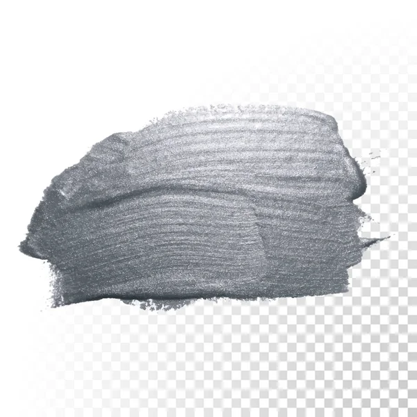 Срібний блиск малювання пензлем або абстрактний мазок маззю з розмитою текстурою на прозорому фоні. Векторні ізольовані блискучі і блискучі срібні фарби пензлем сплеск плями для розкішного дизайну — стоковий вектор