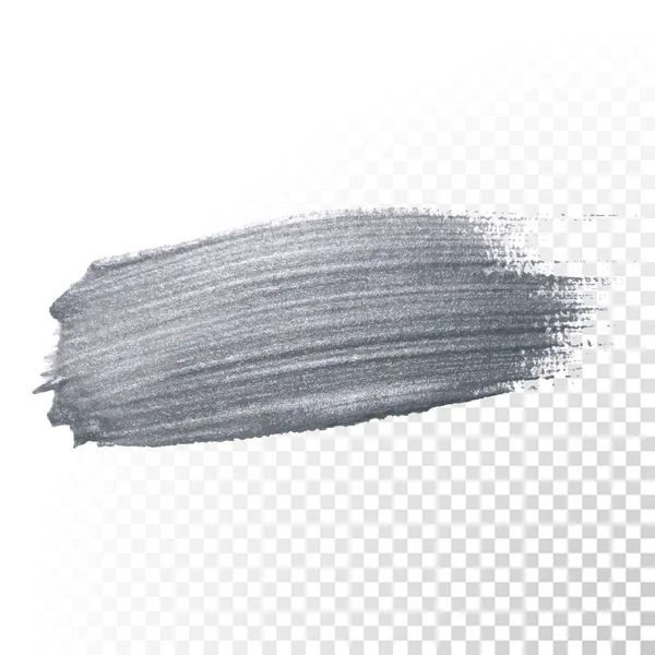 Pinceau à paillettes argentées ou frottis abstrait avec texture de tache sur fond transparent. Vector isolé scintillant scintillant encre de peinture argentée éclaboussure pour la conception de la carte de voeux de luxe — Image vectorielle