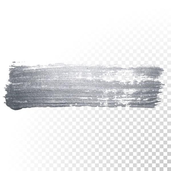 Tache de pinceau argenté ou trait de tache et pinceau abstrait scintillant frottis d'encre avec texture pailletée sur fond transparent. Vecteur isolé scintillant peinture argent encre pinceau éclaboussure — Image vectorielle